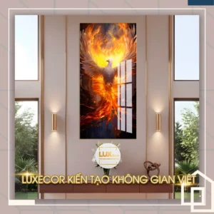 Tranh tráng gương Phượng Hoàng Lửa chiêu tài phong thủy Luxecor treo sảnh sang trọng mang năng lượng thịnh vượng.