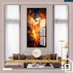 Tranh tráng gương Phượng Hoàng Lửa Lớn Luxecor treo phòng khách sang trọng biểu tượng thịnh vượng và danh vọng.