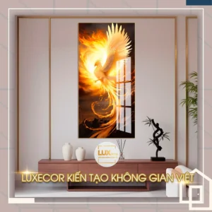 Tranh tráng gương Phượng Hoàng Lửa Luxecor nghệ thuật hiện đại tỏa sáng giữa không gian phòng khách sang trọng.