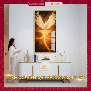 Tranh tráng gương Phượng Hoàng Lửa Luxecor treo sảnh lớn sang trọng biểu tượng của tài lộc và thịnh vượng.
