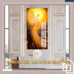 Tranh tráng gương Phượng Hoàng Lửa Luxecor treo sảnh lớn biểu tượng phong thủy quyền uy và năng lượng tái sinh.