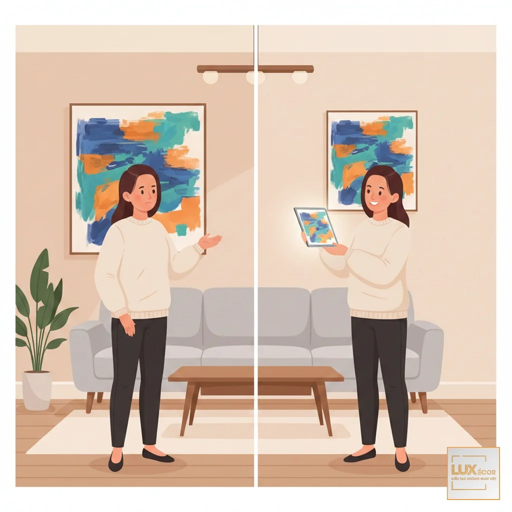 Người phụ nữ tự tin xem trước tranh treo tường bằng app.