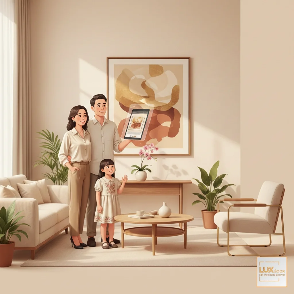 Gia đình hạnh phúc với bức tranh treo tường hoàn hảo nhờ công cụ phối cảnh.