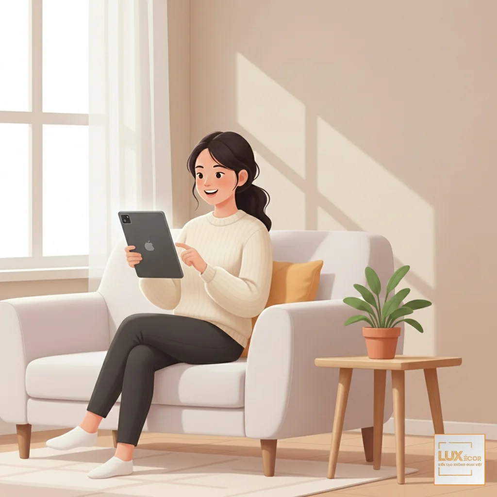 Cô gái vui vẻ khám phá top app phối cảnh tranh treo tường.