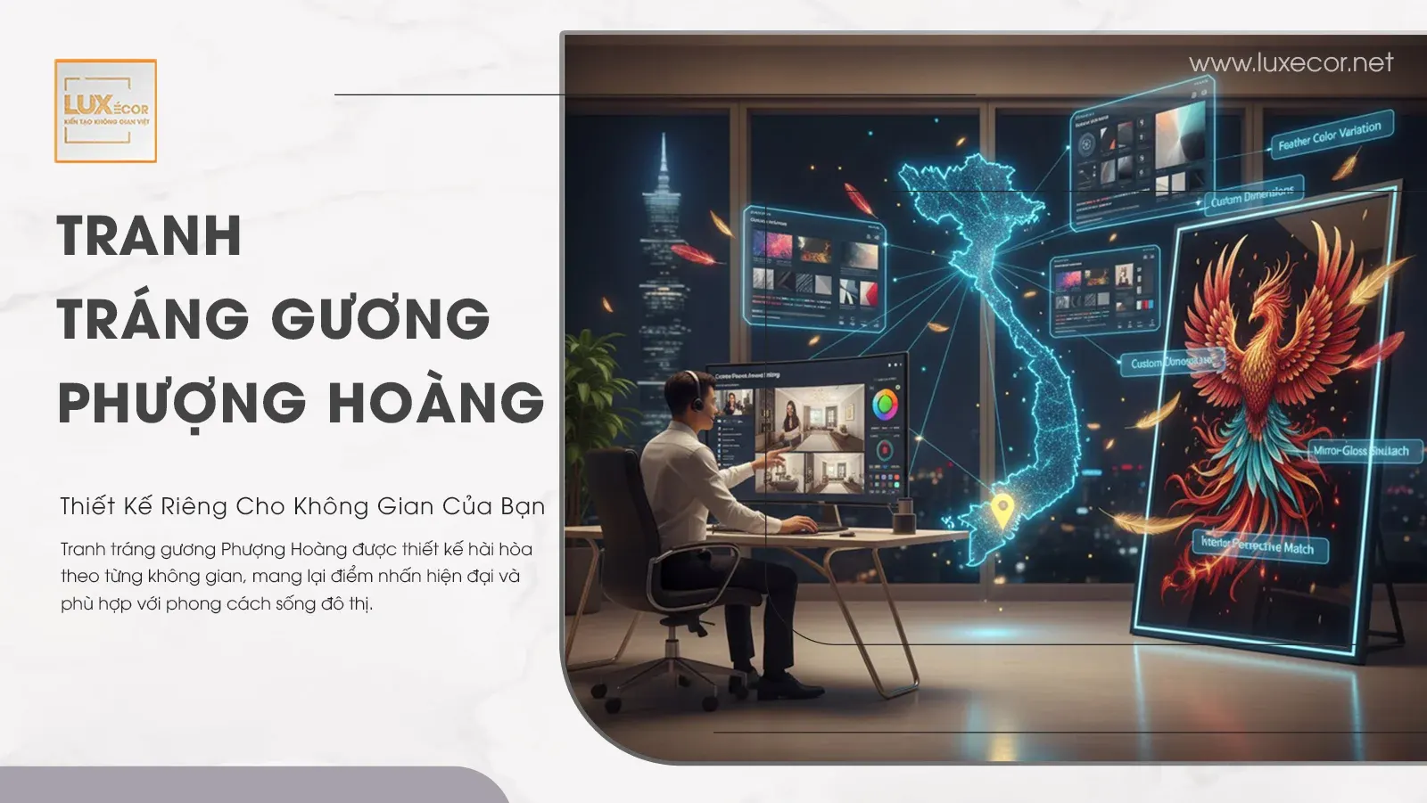 Nhà thiết kế đang làm việc với mẫu tranh phượng hoàng tráng gương theo yêu cầu tại TPHCM