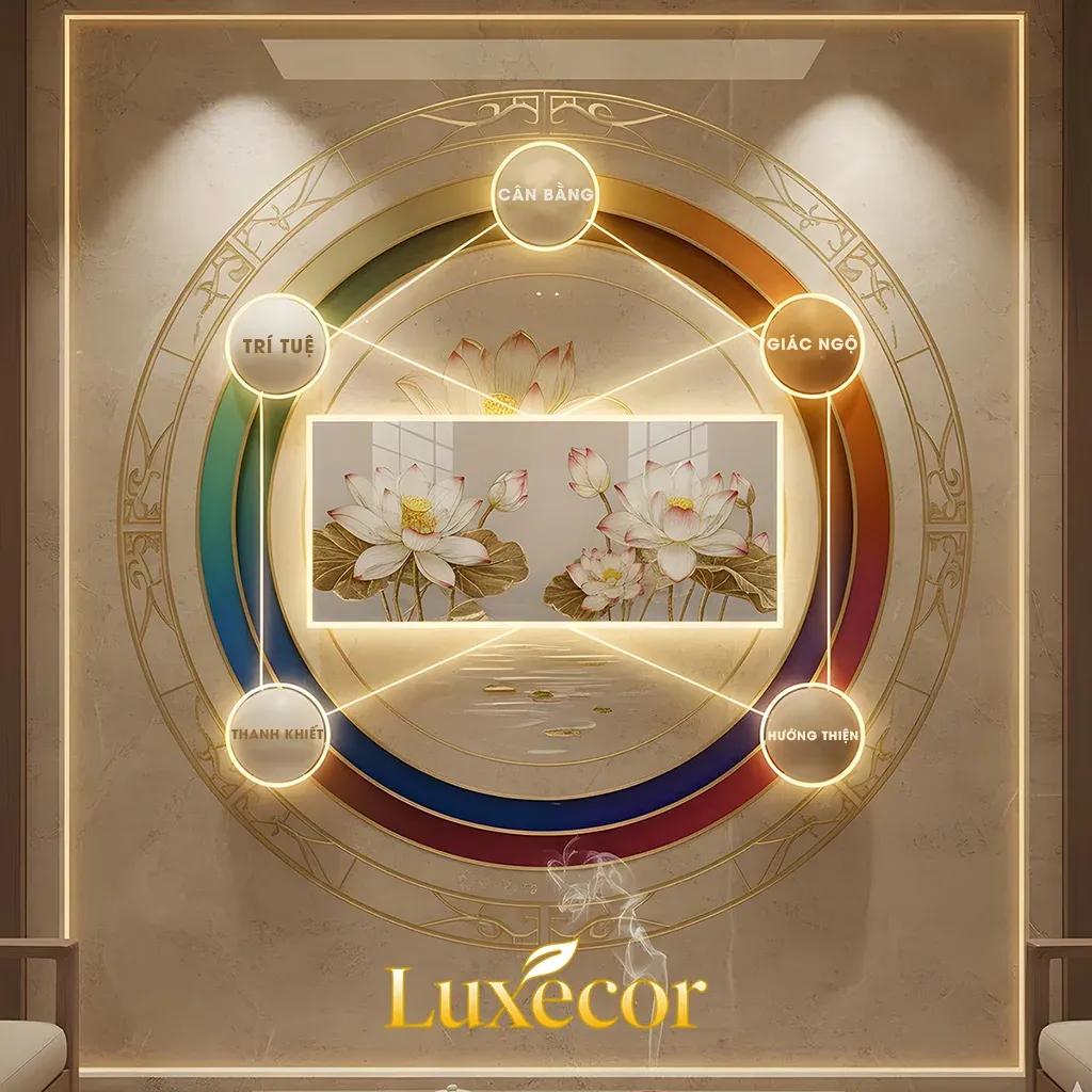 Tranh Hoa Sen tráng gương Luxecor biểu tượng cho thanh khiết trí tuệ và cân bằng phong thủy