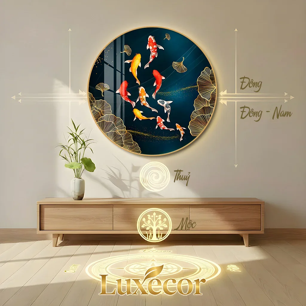 Tranh Cửu Ngư Quần Hội Luxecor treo hướng Đông hoặc Đông Nam hợp mệnh Mộc Thủy, kích hoạt tài lộc