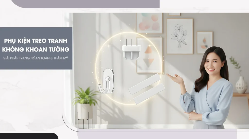 Phụ kiện treo tranh không khoan tường với đinh 3 chân, móc dán và băng keo, giải pháp trang trí an toàn.