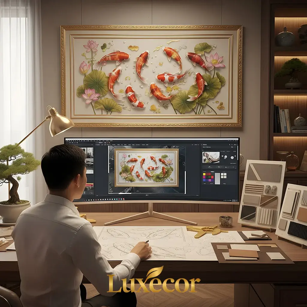 Nghệ nhân Luxecor thiết kế Tranh Cửu Ngư Quần Hội trong không gian sáng tạo sang trọng