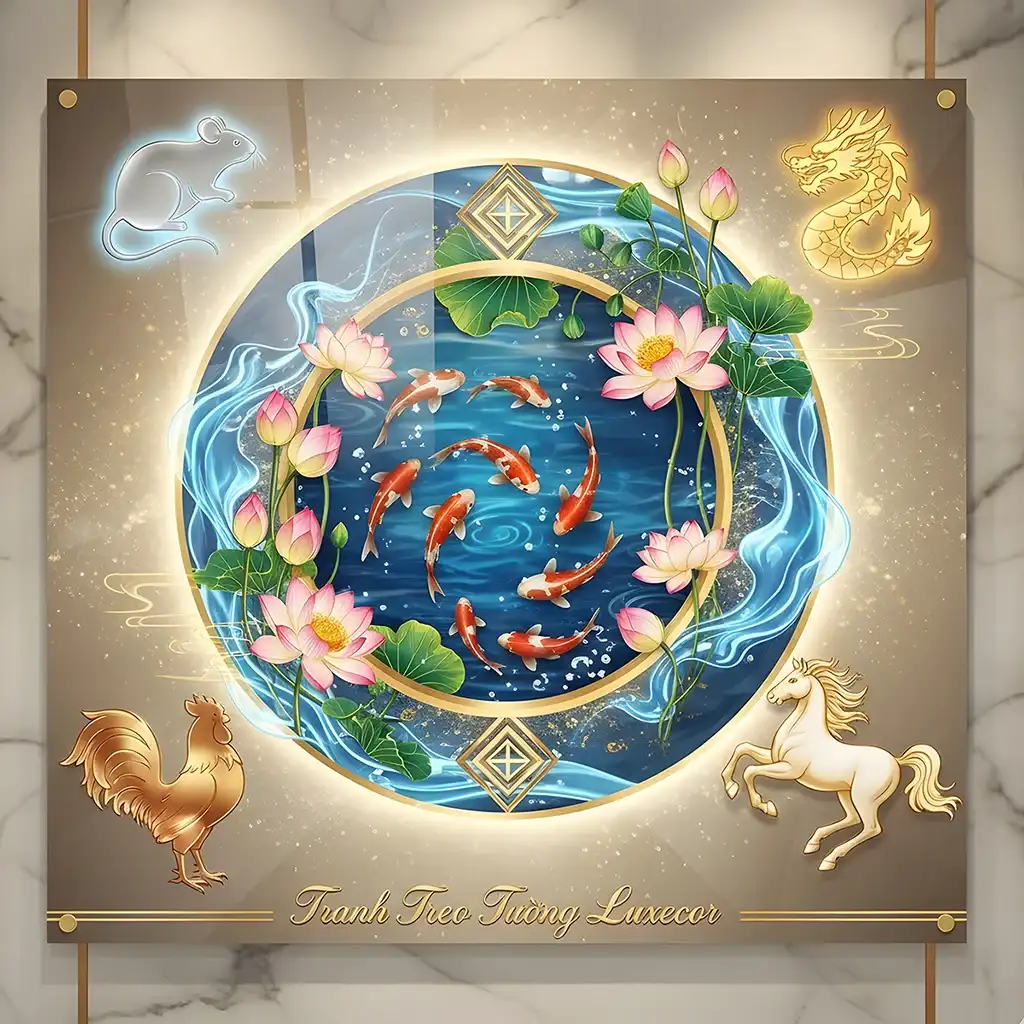 Tranh Cửu Ngư Quần Hội Luxecor hợp mệnh Thủy Mộc và các tuổi Tý Thìn Dậu Ngọ, mang phong thủy thịnh vượng