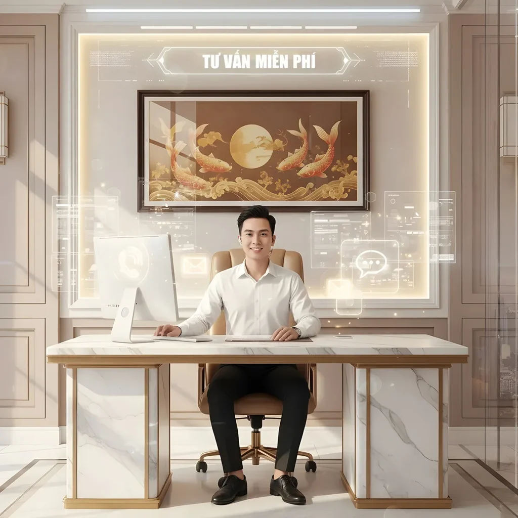 Chuyên viên Luxecor tư vấn trong không gian sang trọng có treo Tranh Cửu Ngư Quần Hội tráng gương, biểu tượng sung túc và thịnh vượng trong phong thủy Việt.