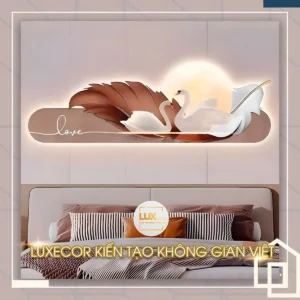 Tranh đèn LED thiên nga dưới trăng màu nâu gold tạo điểm nhấn ấm áp và sang trọng cho phòng ngủ hiện đại