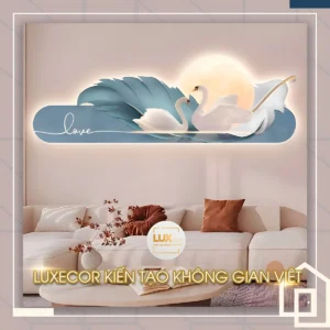Tranh đèn LED thiên nga dưới trăng với ánh sáng dịu nhẹ trang trí phòng khách tông màu sáng hiện đại