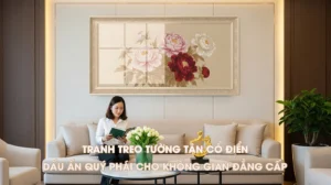 Tranh treo tường tân cổ điển hoa mẫu đơn tráng gương Luxecor sang trọng và tinh tế