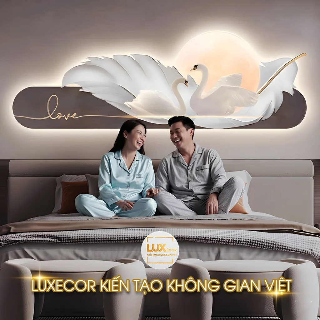 Tranh đèn LED thiên nga nền nâu be Luxecor treo phòng ngủ