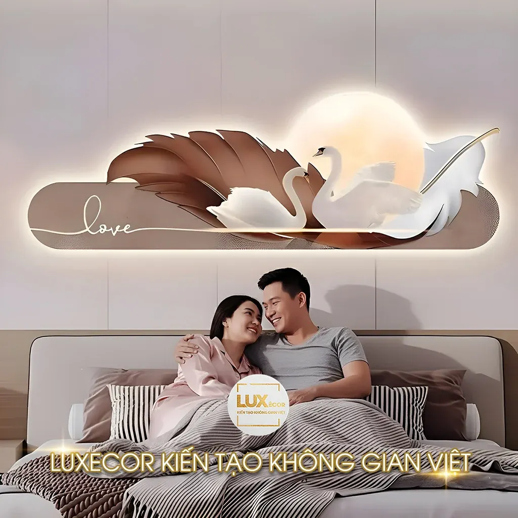 Tranh đèn LED thiên nga nâu gold Luxecor