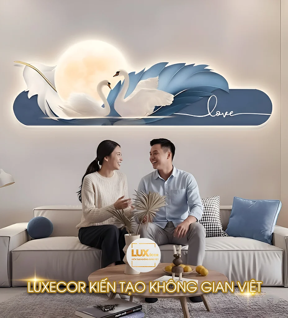Tranh đèn LED thiên nga nền xanh navy Luxecor