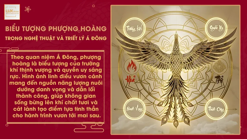 Hình ảnh phượng hoàng vàng tạo dáng trước hoa văn nghệ thuật phong thủy Á Đông