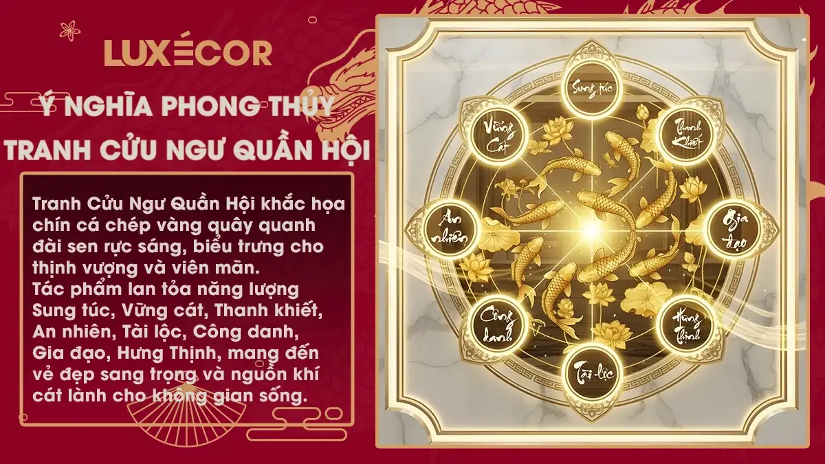 Tranh Cửu Ngư Quần Hội Luxecor biểu trưng cho sung túc, vững cát, thanh khiết và hưng thịnh.