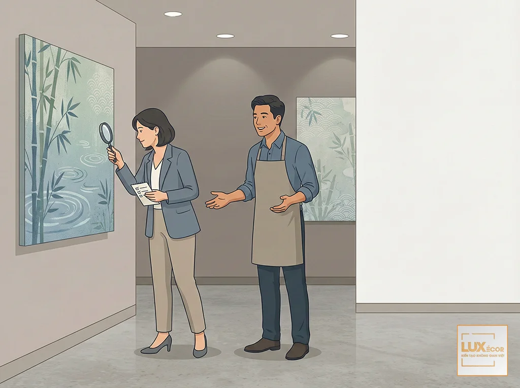 Người mua tranh đang xem xét kỹ lưỡng một bức tranh tại phòng trưng bày