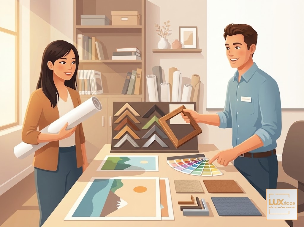 Khách hàng Việt Nam được tư vấn chọn vật liệu và màu sắc khung tranh.
