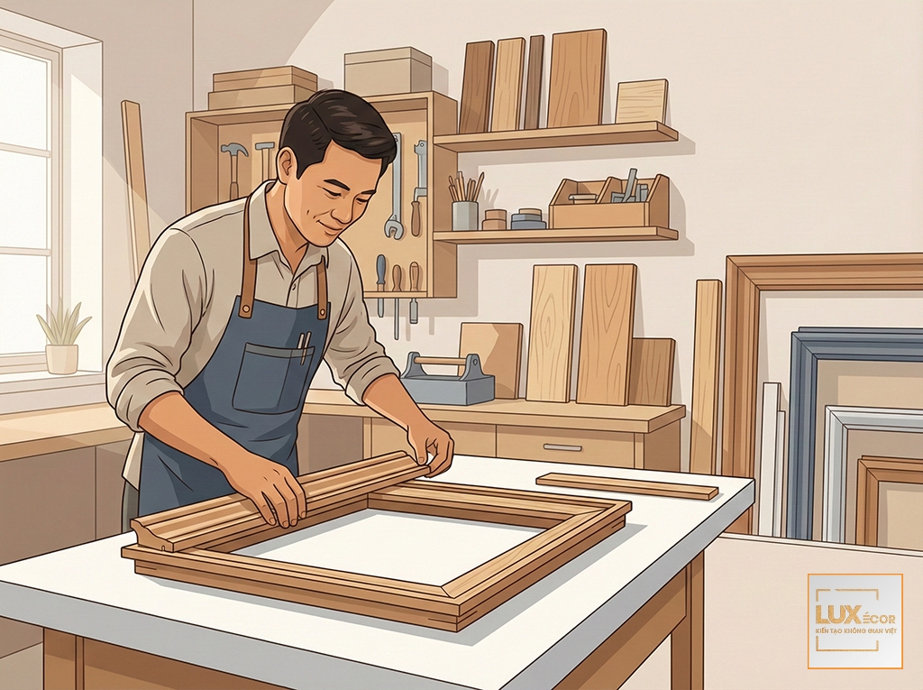 Nghệ nhân Việt Nam đang đóng khung tranh chuyên nghiệp tại xưởng.