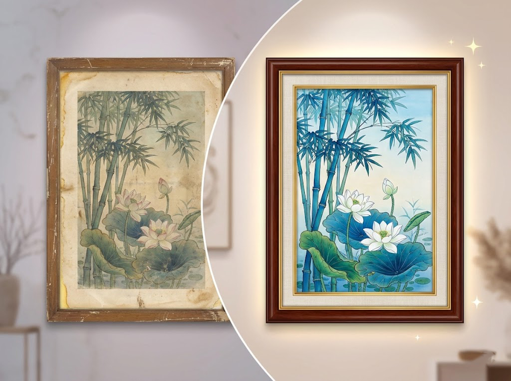 Hình ảnh trước và sau khi đóng khung một bức tranh Việt Nam cũ.