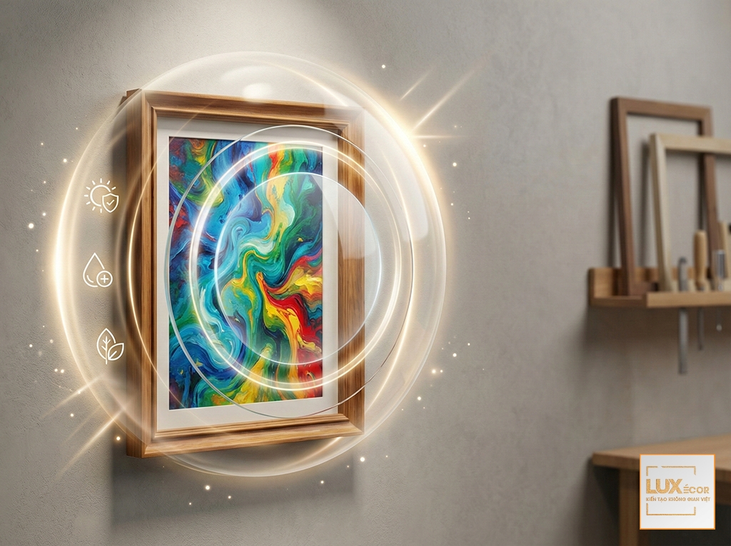 Khung tranh đặt làm riêng bảo vệ tác phẩm nghệ thuật khỏi hư hại.