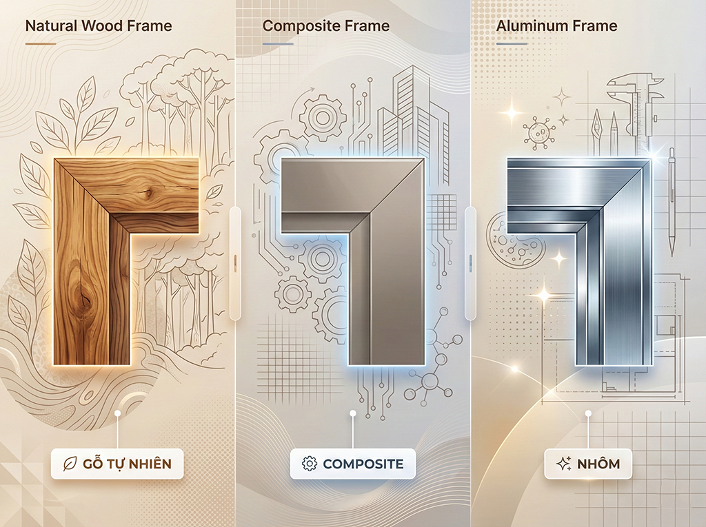 So sánh các loại khung tranh: gỗ tự nhiên, composite và nhôm.