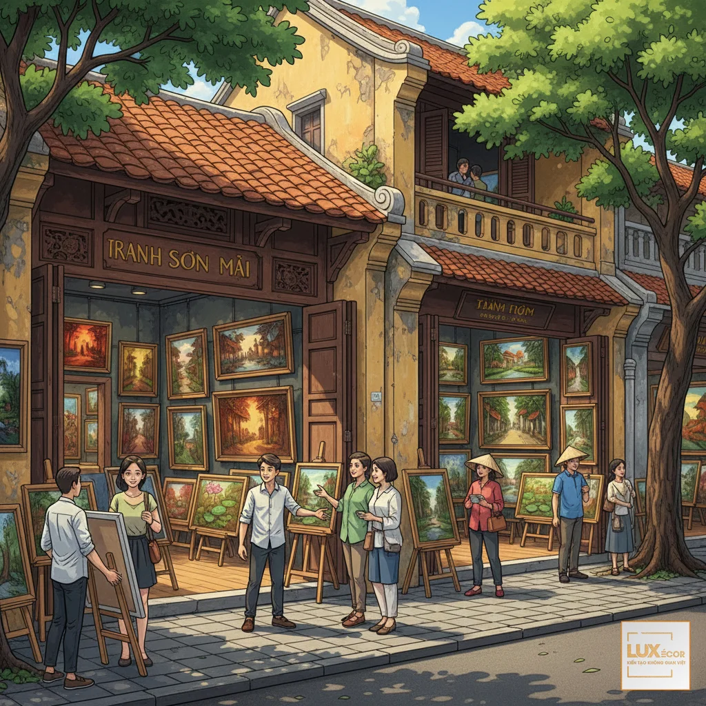 Phố tranh Nguyễn Thái Học Hà Nội với các phòng trưng bày tranh sơn mài