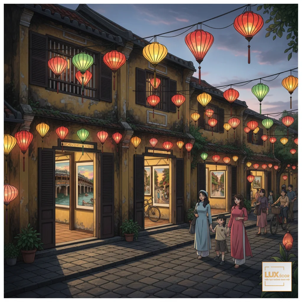 Phố tranh Trần Phú Hội An lung linh đèn lồng, trưng bày tranh lụa