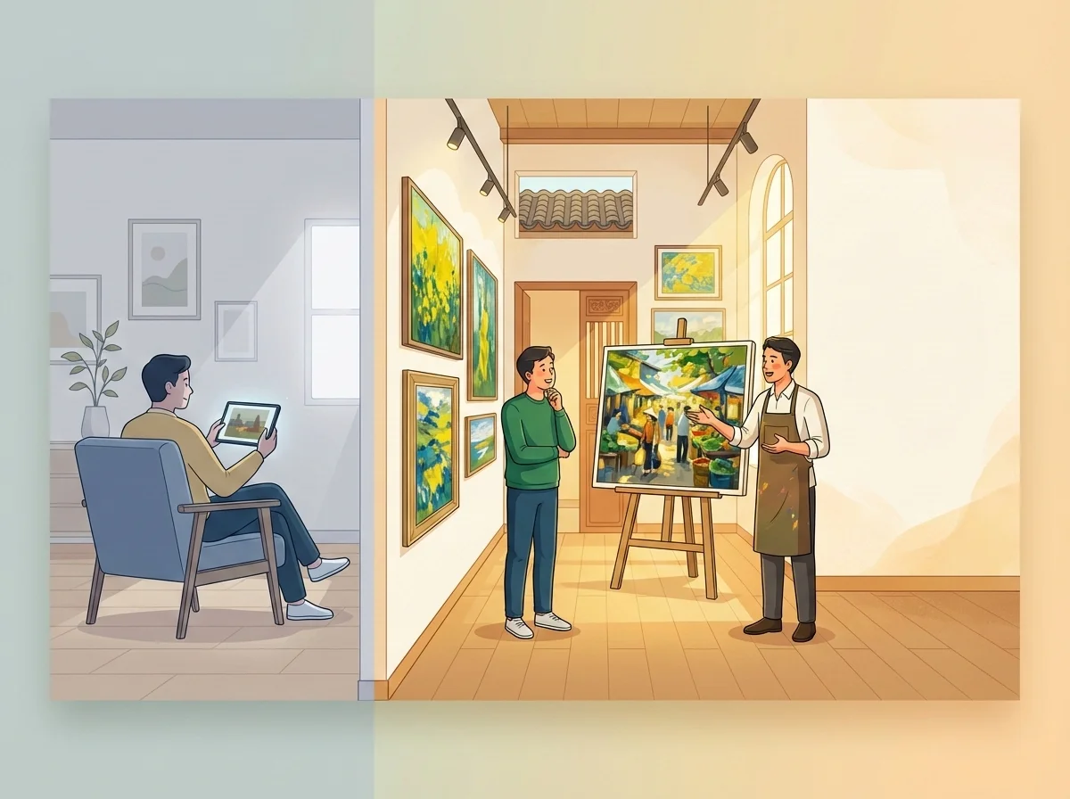 Người xem tranh trực tiếp tại phòng trưng bày so với xem online