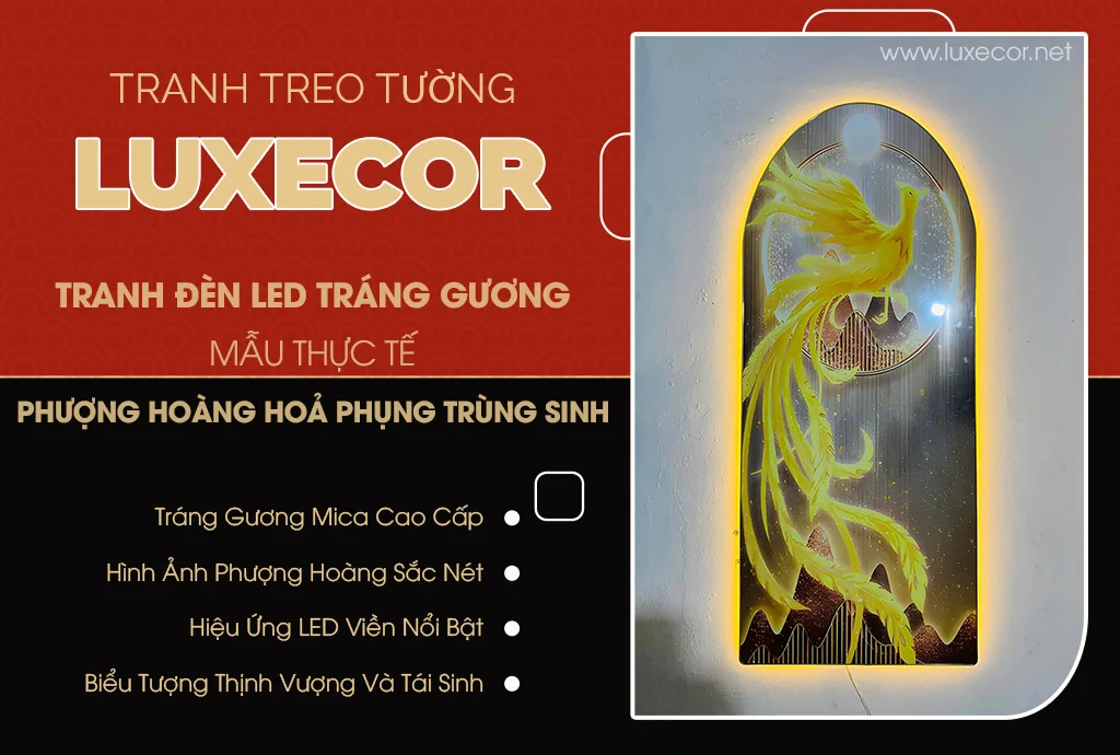 Tranh đèn LED tráng gương phượng hoàng hoá phụng trùng sinh với viền sáng vàng treo trên tường trắng