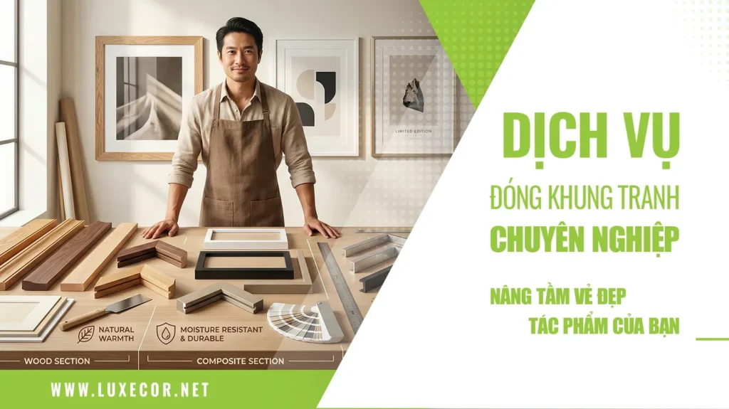 Nhân viên xưởng khung đang giới thiệu vật liệu gỗ composite và nhôm trên bàn làm việc sáng sang trọng