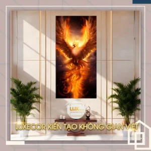 Tranh phượng hoàng lửa khổ dọc treo phòng khách, bố cục đứng nhấn tài lộc phong thủy