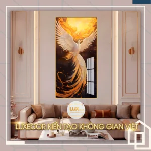 Tranh phượng hoàng lửa phong thủy khổ dọc treo phòng khách sang trọng
