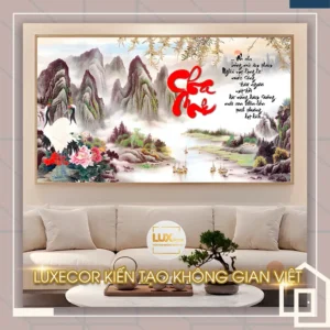 Mẫu tranh thư pháp cha mẹ tùng hạc diên niên và non nước hùng vĩ biểu tượng cho sự trường thọ và sức khỏe dồi dào.