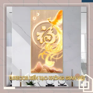 Tranh phượng hoàng chữ Phúc vàng khổ dọc tráng gương treo phòng khách