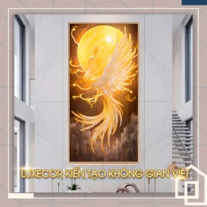 Tranh phượng hoàng trắng ánh vàng bay lên khổ dọc treo sảnh nhà cao cấp