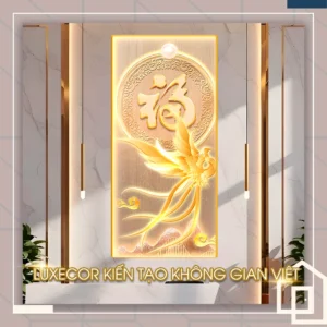 Tranh phượng hoàng vàng bay chéo chữ Phúc khổ dọc tráng gương cao cấp