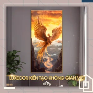 Tranh phượng hoàng vàng bay lên khổ dọc nền núi mây treo phòng khách cao cấp