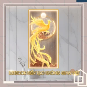 Tranh phượng hoàng vàng bay lượn khổ dọc tráng gương treo tường hiện đại