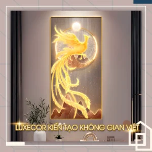 Tranh phượng hoàng vàng bay lượn khổ dọc trước nhật quang treo phòng khách cao cấp