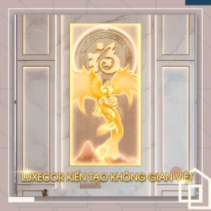 Tranh phượng hoàng vàng chữ Phúc dang cánh khổ dọc tráng gương sang trọng