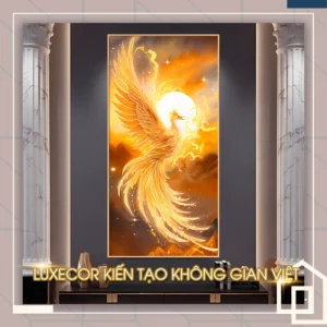 Tranh phượng hoàng vàng dang cánh khổ dọc ánh nắng treo phòng khách cao cấp