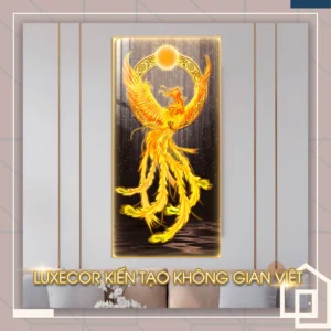 Tranh phượng hoàng vàng dang cánh đối xứng khổ dọc tráng gương cao cấp