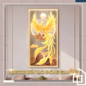 Tranh phượng hoàng vàng dang cánh khổ dọc tráng gương treo phòng khách hiện đại