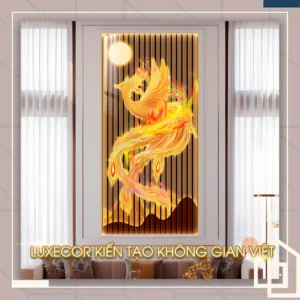 Tranh phượng hoàng vàng khổ dọc nền nan dọc tạo điểm nhấn ánh sáng tinh tế