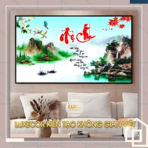 Bức tranh phong cảnh sơn thủy hữu tình màu xanh mát mắt kết hợp thư pháp mẹ cha đầy cảm xúc và thuyền nan.