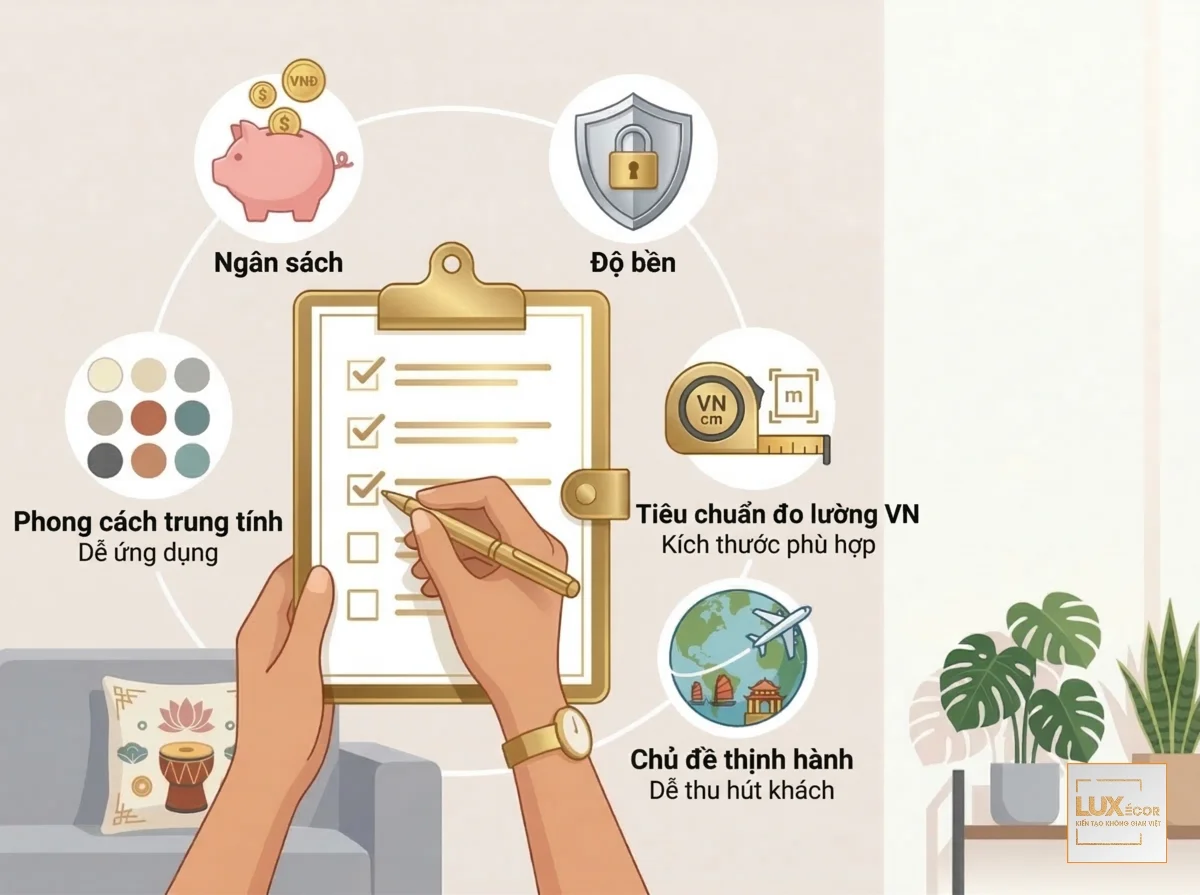 Checklist 5 tiêu chí vàng chọn tranh treo tường cho homestay và Airbnb.